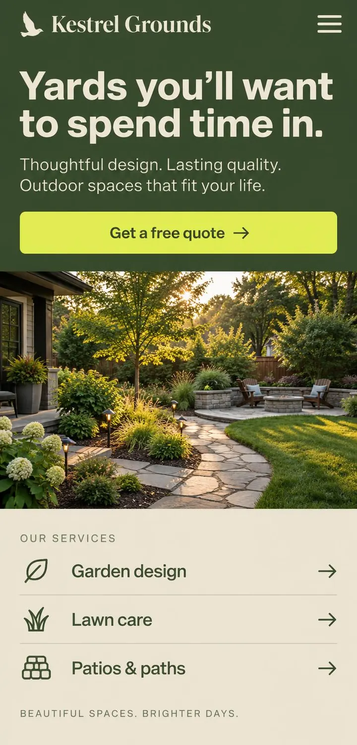 Kestrel Grounds concept homepage on mobile