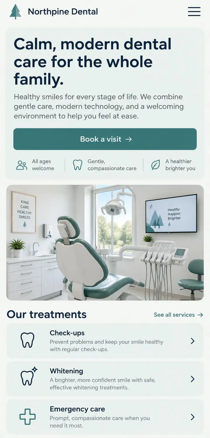 Northpine Dental concept homepage on mobile